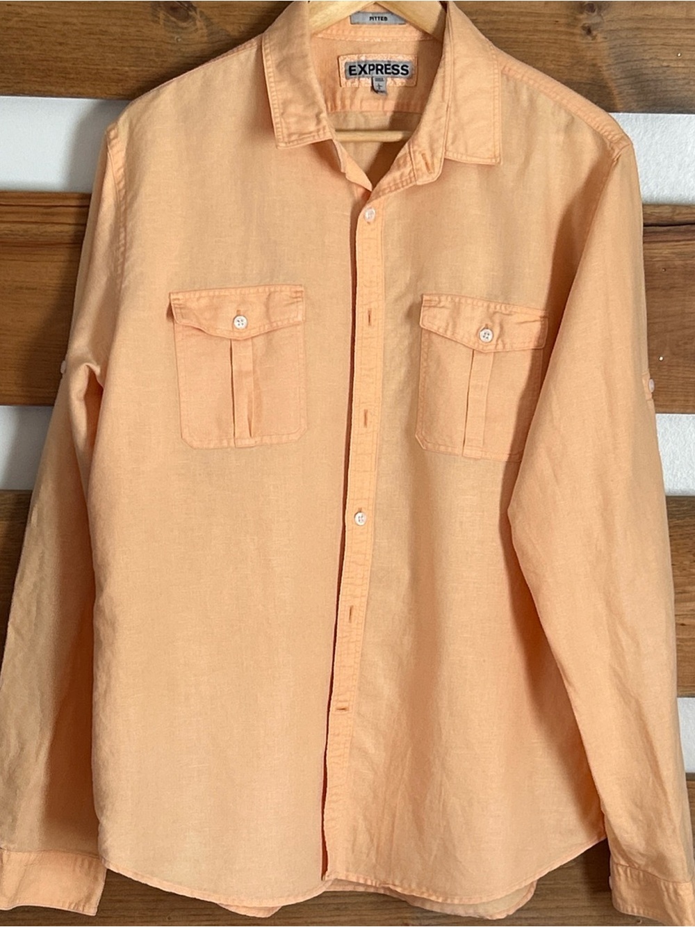 Express Men's Orange Linen Blend Long‎ Sleeve Button Up Casual Fitted Shirt L